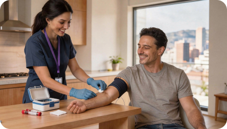 Enfermera realizando toma de muestras de sangre en domicilio del paciente