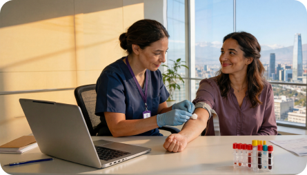 Enfermera realizando toma de muestras en lugar de trabajo del paciente